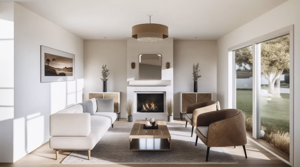 Spacious living room in Sage Double Suite – cozy modern rental interior with large windows and fireplace in Diamond valley, Alberta